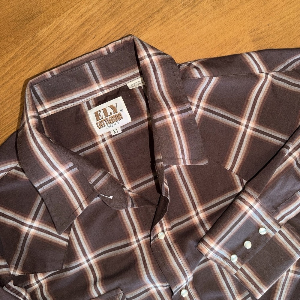 Ely Cattleman Shirt Mens XL Pearl Snap Western Vintage Cowboy Brown Plaid